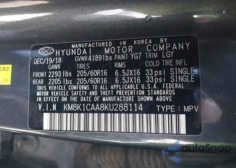 2019 Hyundai Kona Se from USA, damaged, VIN KM8K1CAA8KU288114